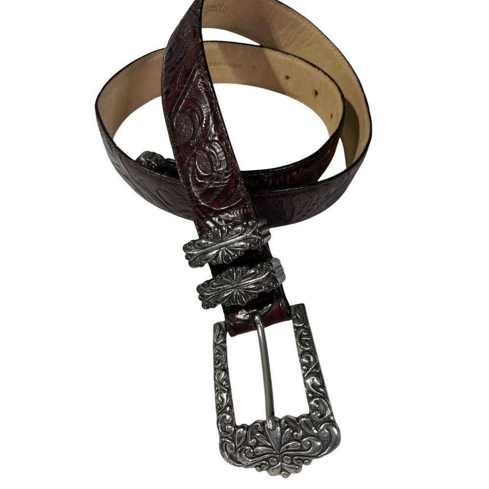 Brighton Vintage 1997 Western Tooled Leather‎ Belt Silver Floral Buckle Brown 30